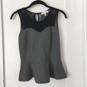 Monteau Peplum Striped Top with Sheer Back